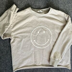 Newbury Kustom (L.A.) Beige Raw Embroidered Smiley Face Crew Neck, Size Small